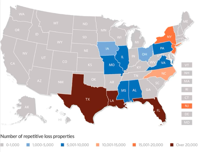 Chart of US Map illustrating NFIP Repetitive Loss Properties