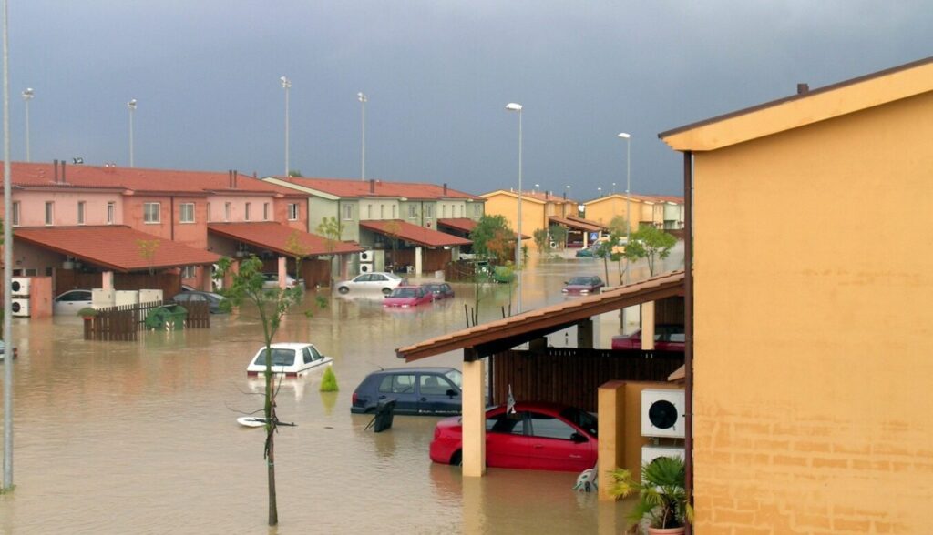 A local town partially under water due to flooding